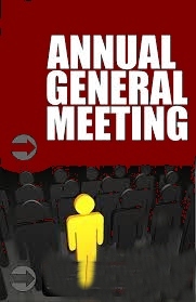 Poster for an AGM showing a group of people in an auditorium