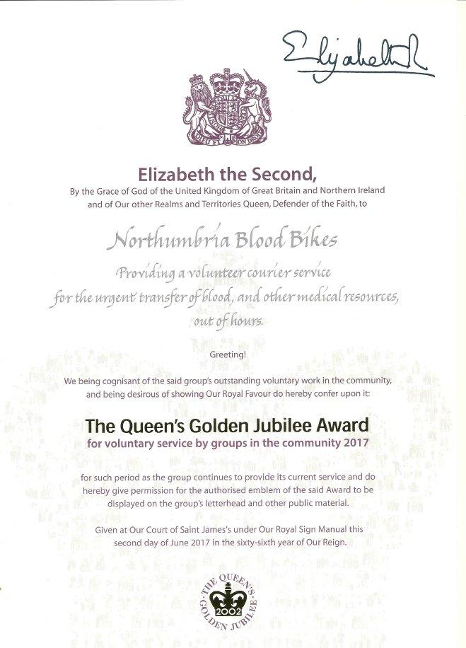 The Certificate awarded by HRH Queen ElizabethII
